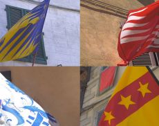 Le bandiere di quattro Quartieri di Montalcino: Ruga, Borghetto, Pianello e Travaglio