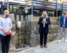 Jacopo Caporali, Massimo Lippi e Michele Meiattini alla presentazione dell'opera del Borghetto