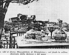 Litografia con fiaschetta di moscadello e profilo di Montalcino sullo sfondo