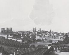 “Veduta della Città di Montalcino”, incisione all’acquatinta di Antonio Terreni (Firenze, 1801-1803)
